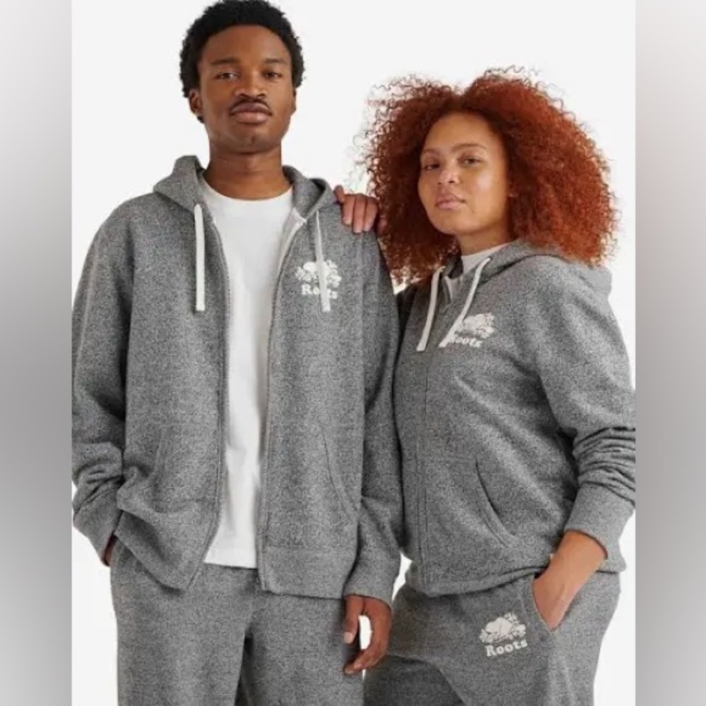 ROOTS ORIGINAL cotton unisex salt and pepper full zip hoodie (S)